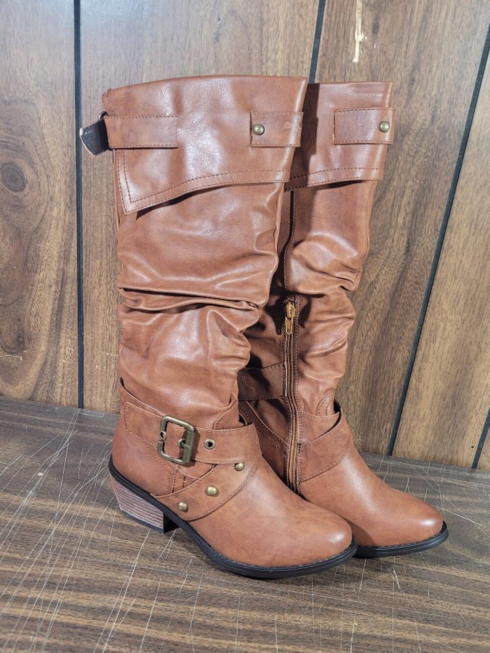 Women Boots Brown Casual Western Style 2" Heel Half Zipper Size: 6